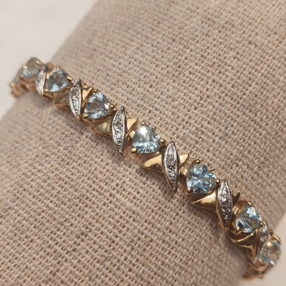 18K Gold Plated Blue Topaz Heart Prong Stone X Tennis Bracelet Silver